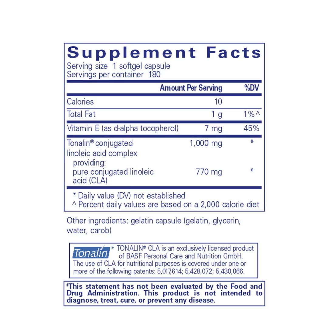Pure Encapsulations CLA Conjugated Linoleic Acid 1000 mg bottle showing supplement packaging and branding