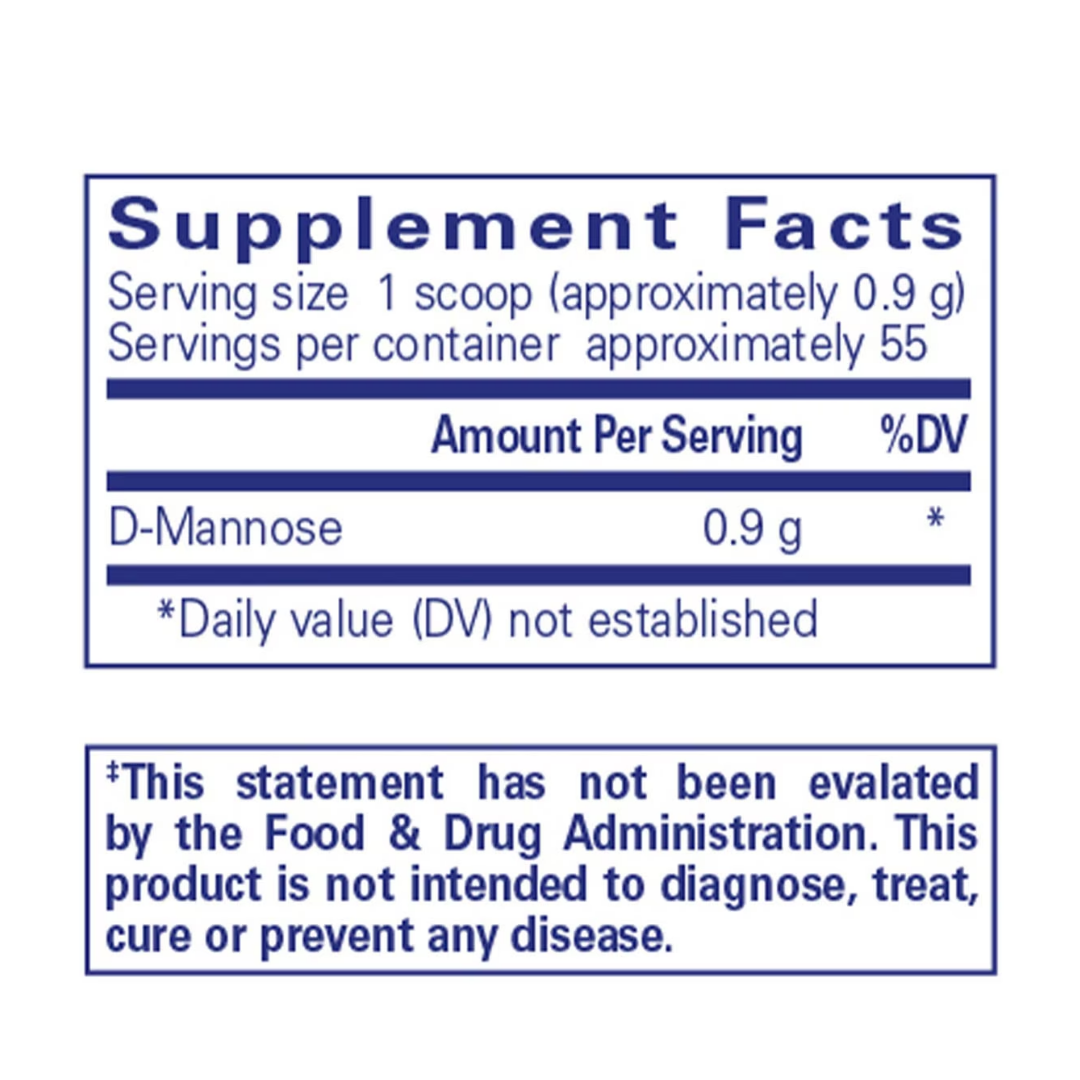 Pure Encapsulations D-Mannose Powder label showing supplement facts and usage information