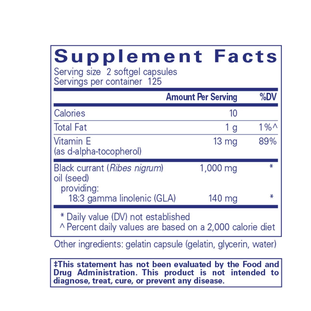 Pure Encapsulations Black Currant Seed Oil bottle showing supplement packaging and branding