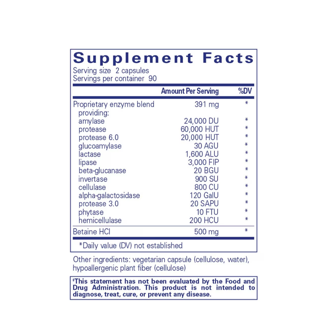 Pure Encapsulations Digestive Enzymes Ultra with Betaine HCl label showing supplement facts and usage information