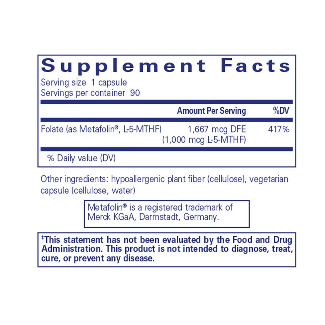 Pure Encapsulations Folate 1000 supplement bottle with front label packaging