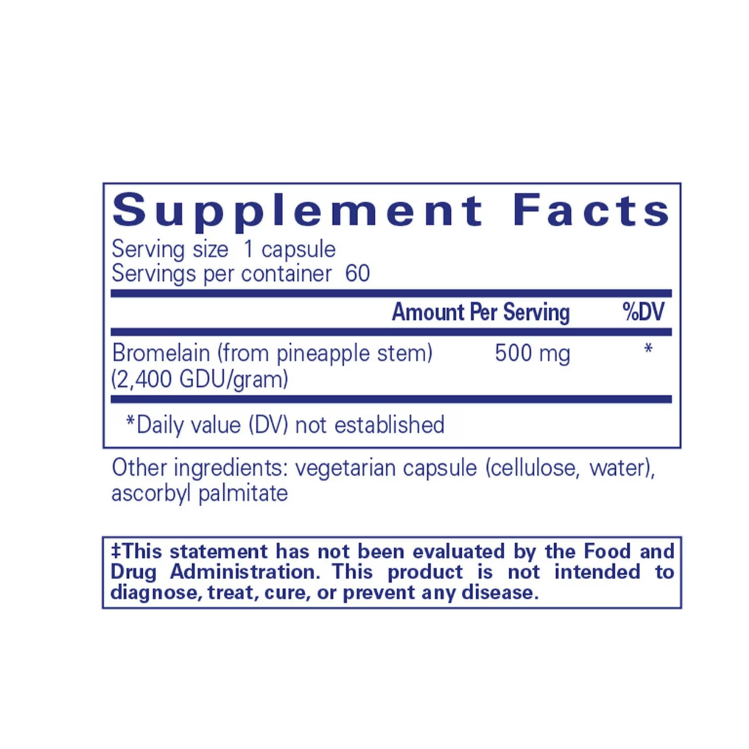 Pure Encapsulations Bromelain 2400 500 mg bottle showing supplement packaging and branding