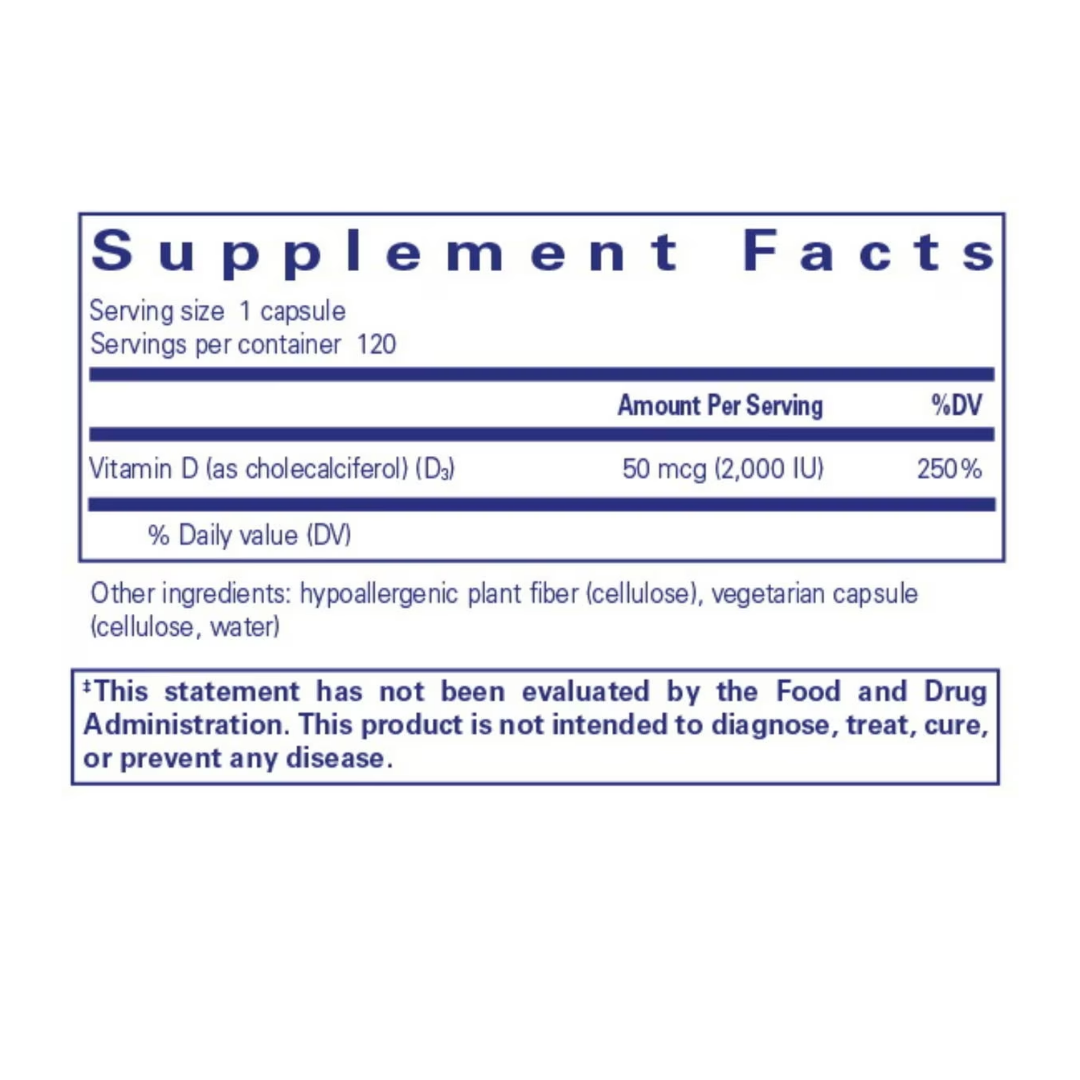 Pure Encapsulations Vitamin D3 Vegan label showing supplement facts and usage information