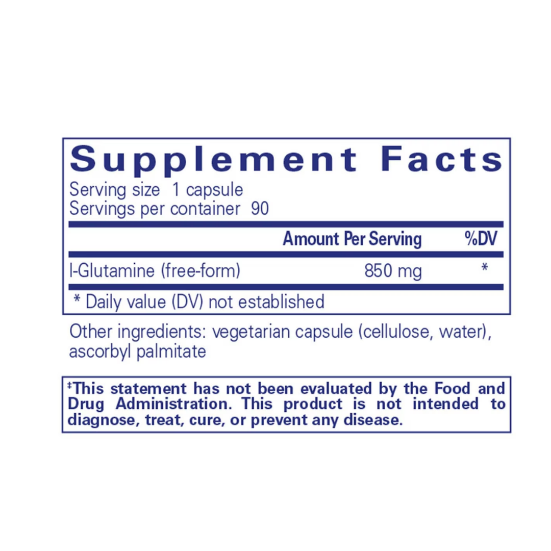 Pure Encapsulations L-Glutamine 850 mg label showing supplement facts and usage information
