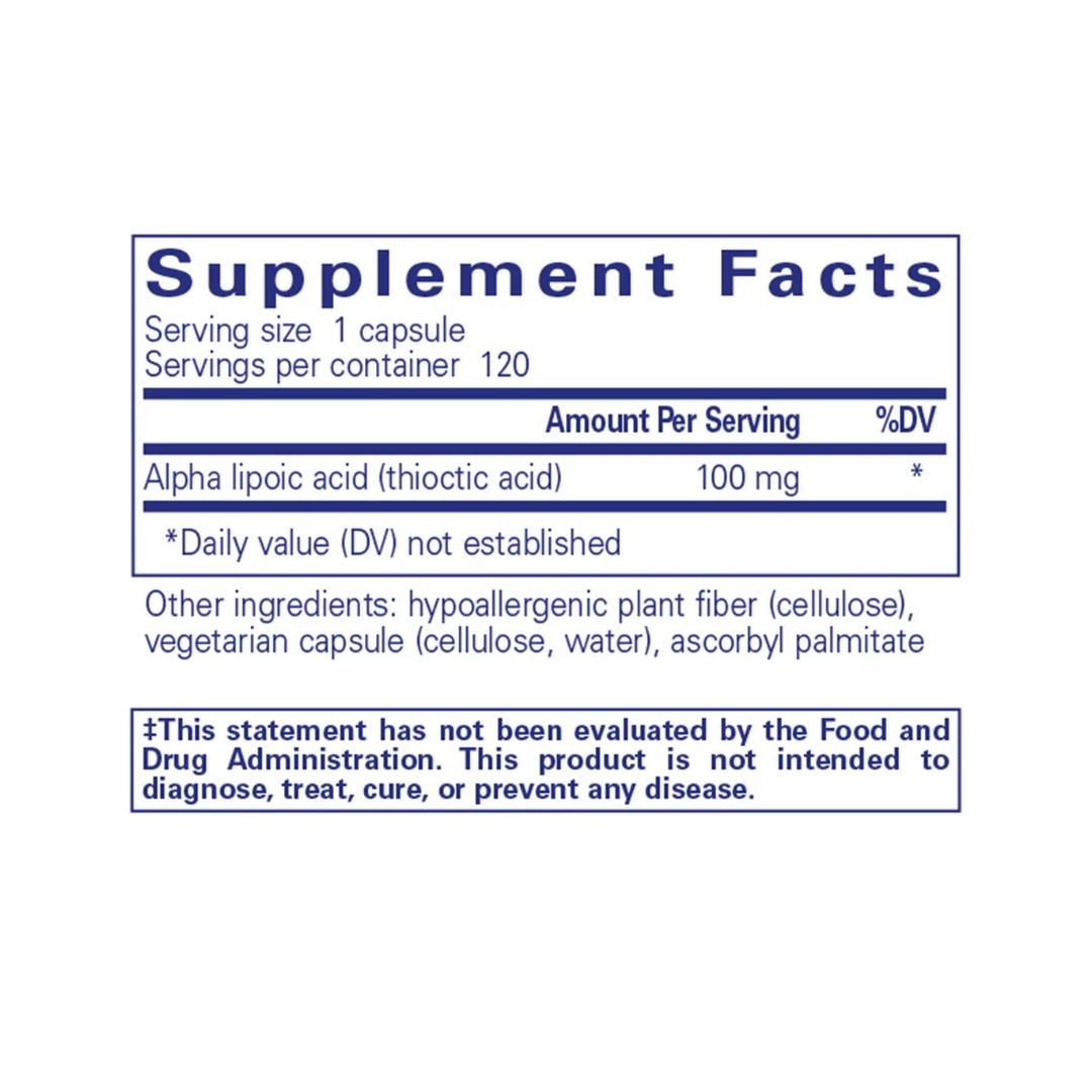 Pure Encapsulations Alpha Lipoic Acid 100 mg label showing supplement facts and usage information