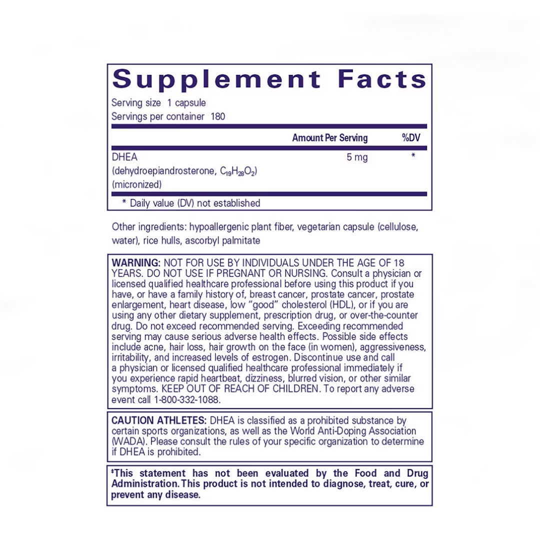 Pure Encapsulations DHEA 5 mg label showing supplement facts and usage information