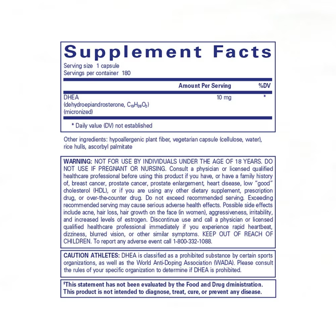 Pure Encapsulations DHEA 10 mg label showing supplement facts and usage information