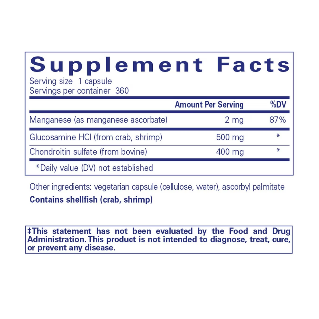 Pure Encapsulations Glucosamine Chondroitin with Manganese label showing supplement facts and usage information