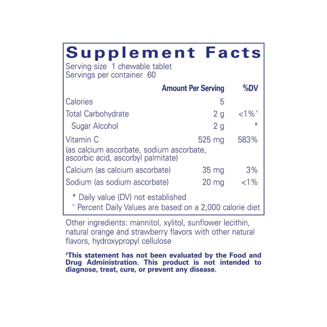 Pure Encapsulations Vitamin C Chewables label showing supplement facts and usage information