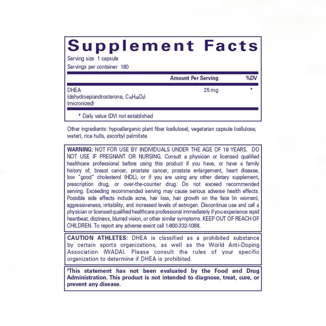 Pure Encapsulations DHEA 25 mg label showing supplement facts and usage information