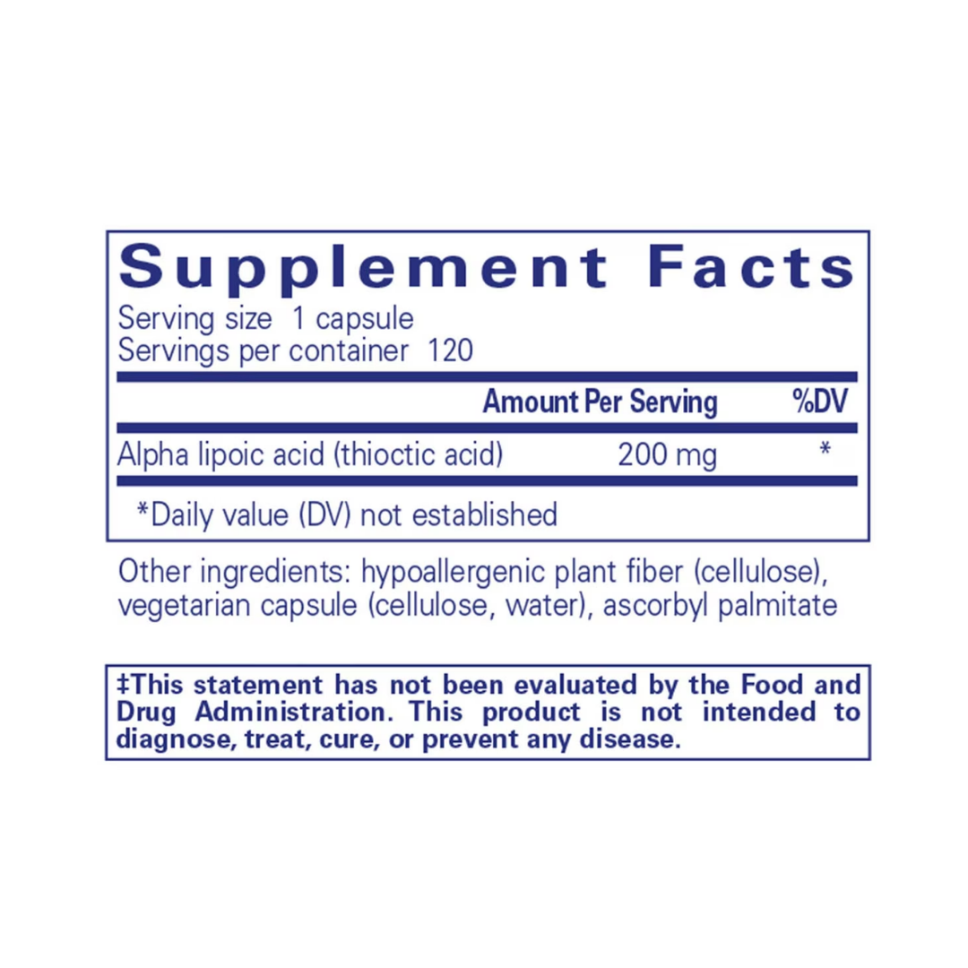 Pure Encapsulations Alpha Lipoic Acid 200 mg bottle showing supplement packaging and branding
