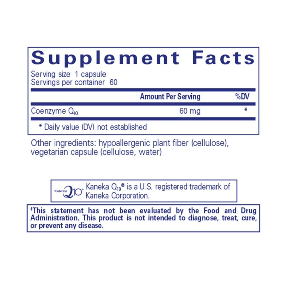 Pure Encapsulations CoQ10 60 mg label showing supplement facts and usage information