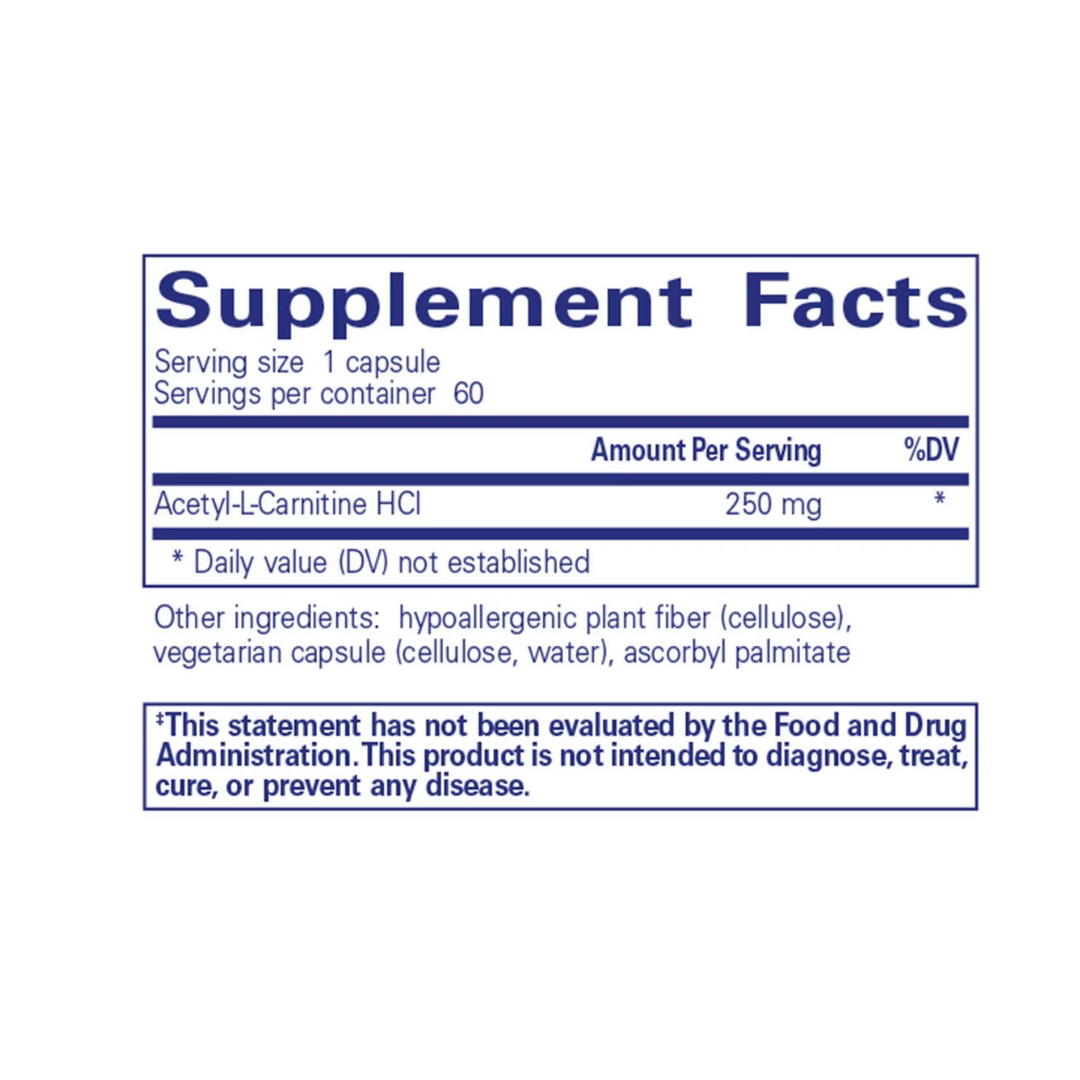 Pure Encapsulations Acetyl-L-Carnitine 250 mg bottle showing supplement packaging and branding