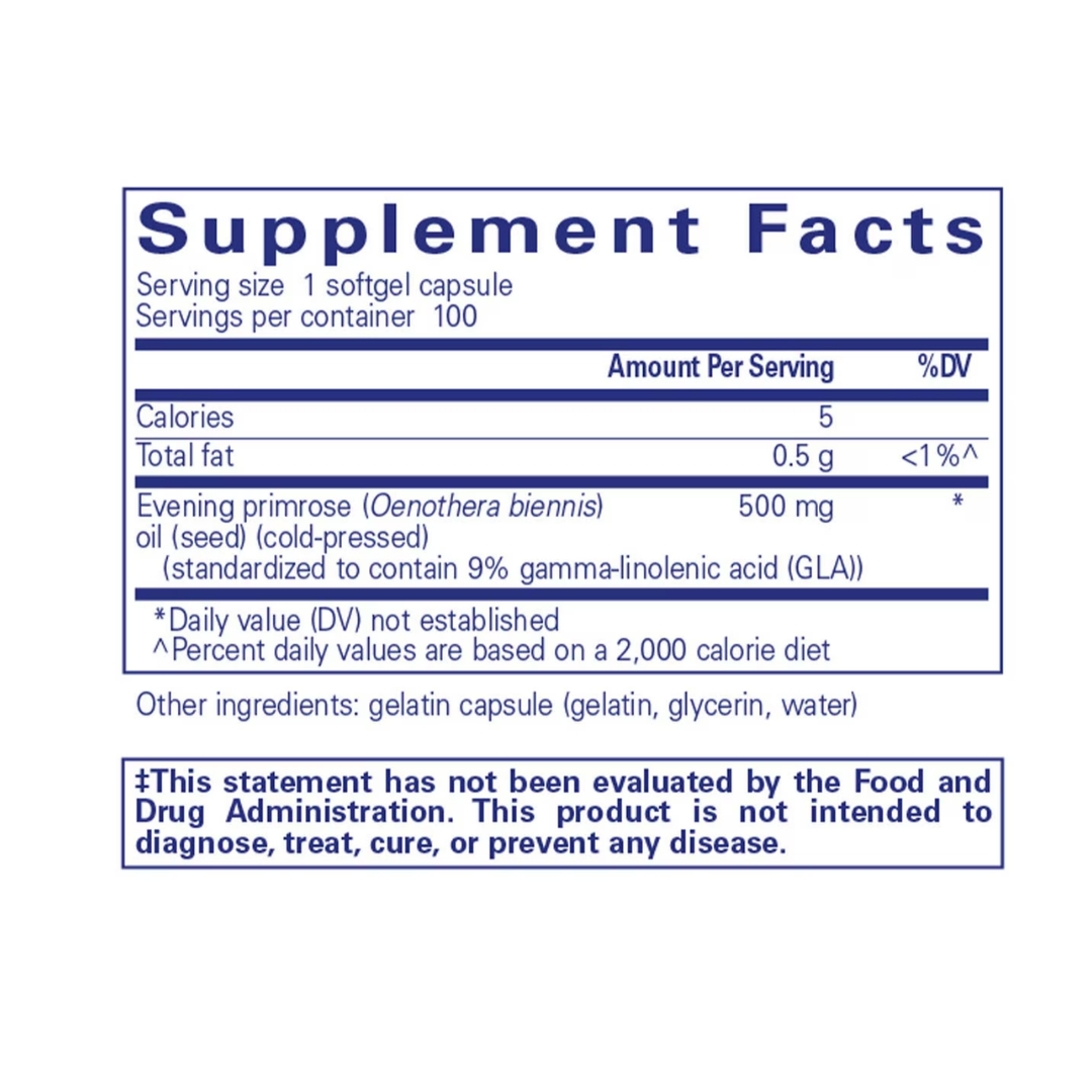 Pure Encapsulations EPO Evening Primrose Oil label showing supplement facts and usage information