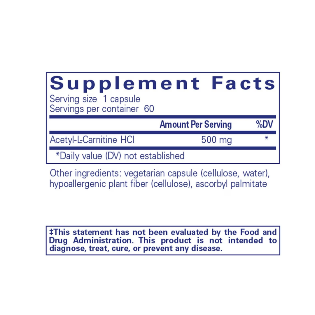 Pure Encapsulations Acetyl-L-Carnitine 500 mg bottle showing supplement packaging and branding