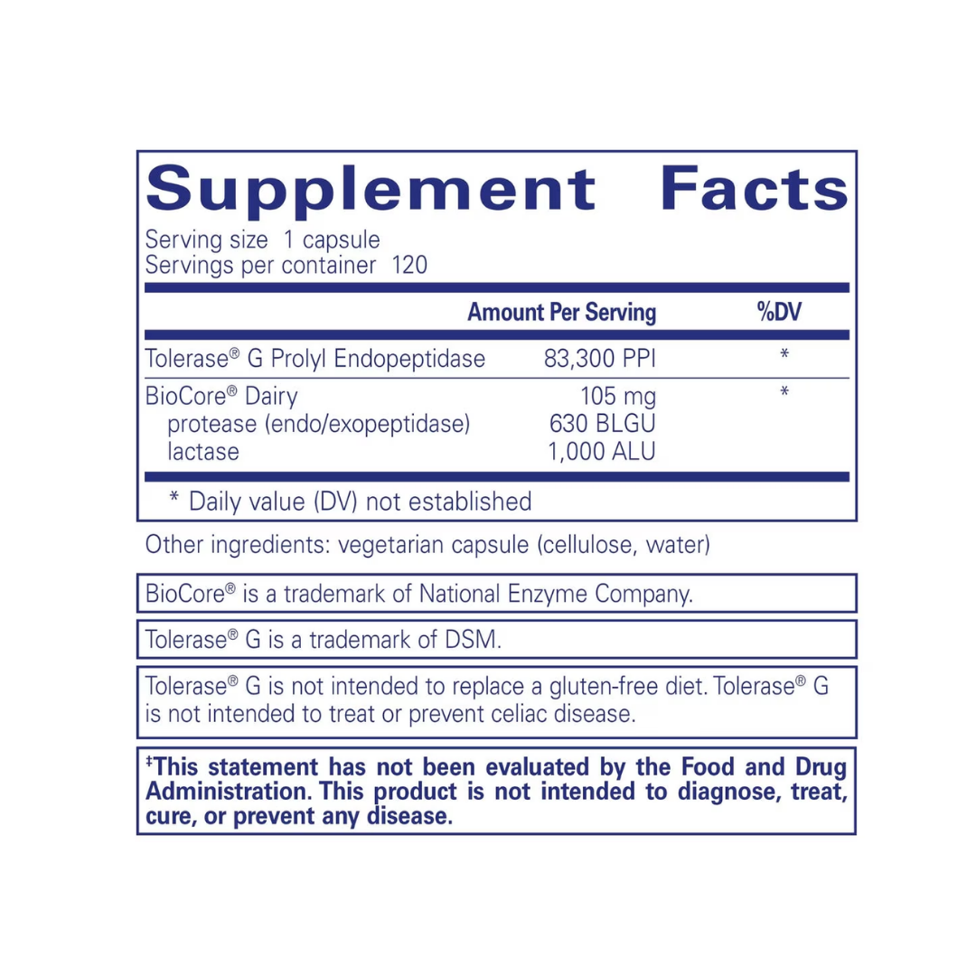 Pure Encapsulations Gluten Dairy Digest label showing supplement facts and usage information