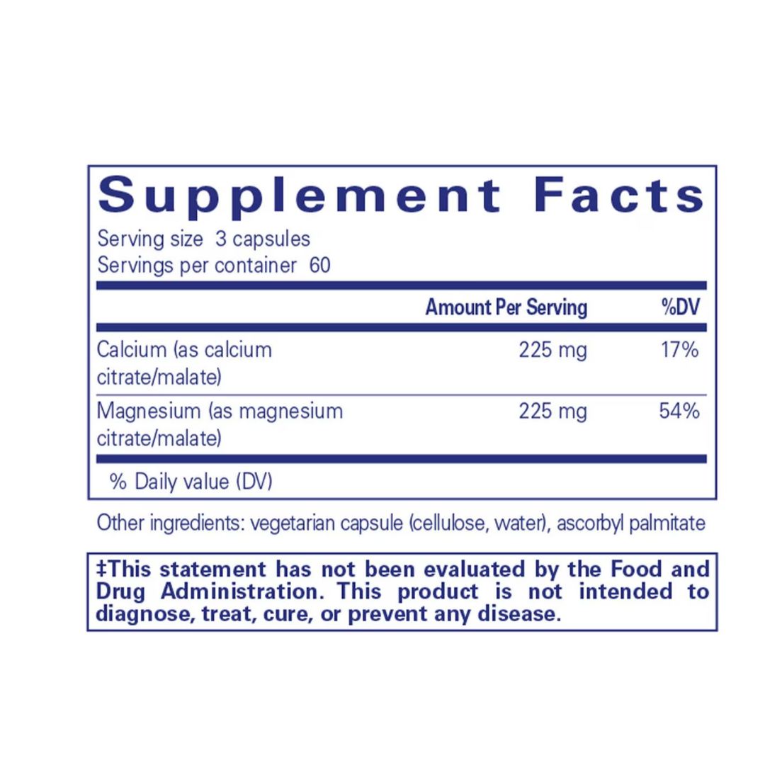 Pure Encapsulations Calcium Magnesium Citrate Malate bottle showing supplement packaging and branding