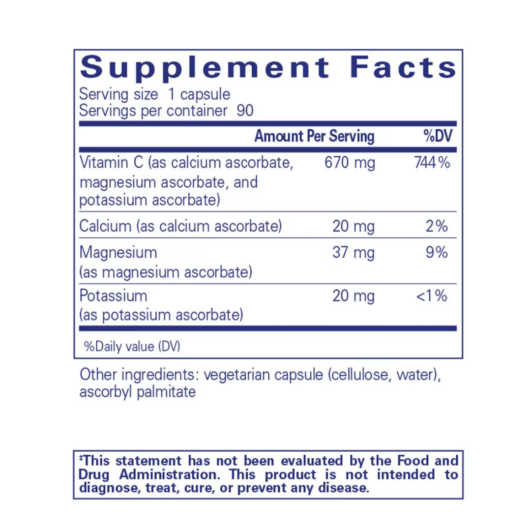 Pure Encapsulations Buffered Ascorbic Acid Capsules label showing supplement facts and usage information