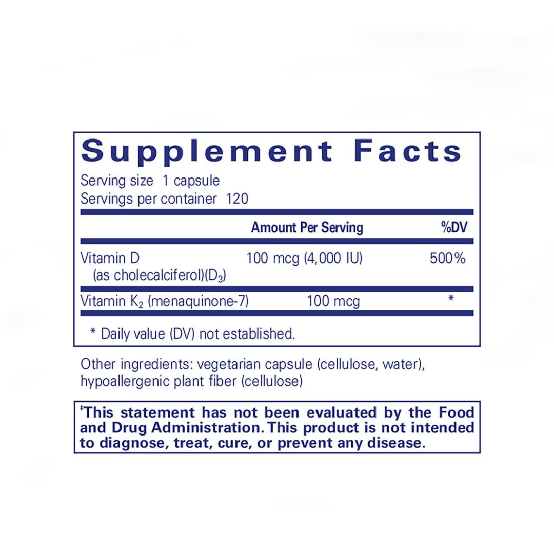 Pure Encapsulations Vitamin D3 & K2 label showing supplement facts and usage information