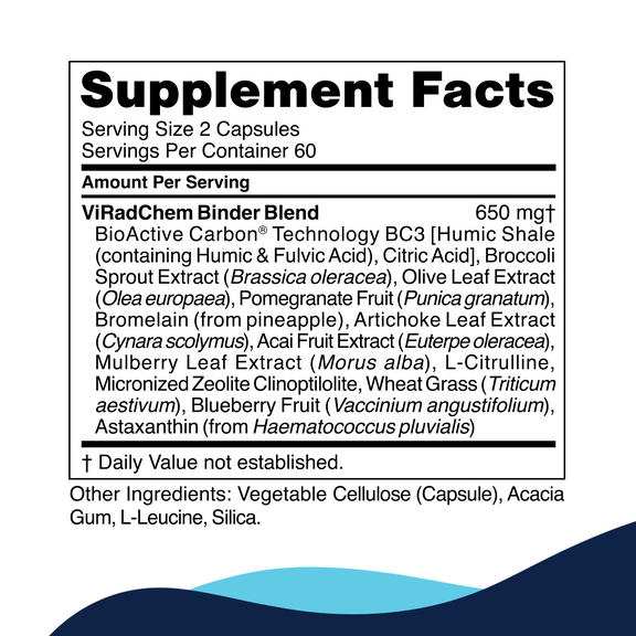 CellCore Biosciences ViradChem Binder label displaying binding ingredients and recommended dosage instructions