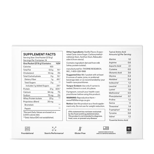 THORNE Whey Protein Isolate Packets Vanilla