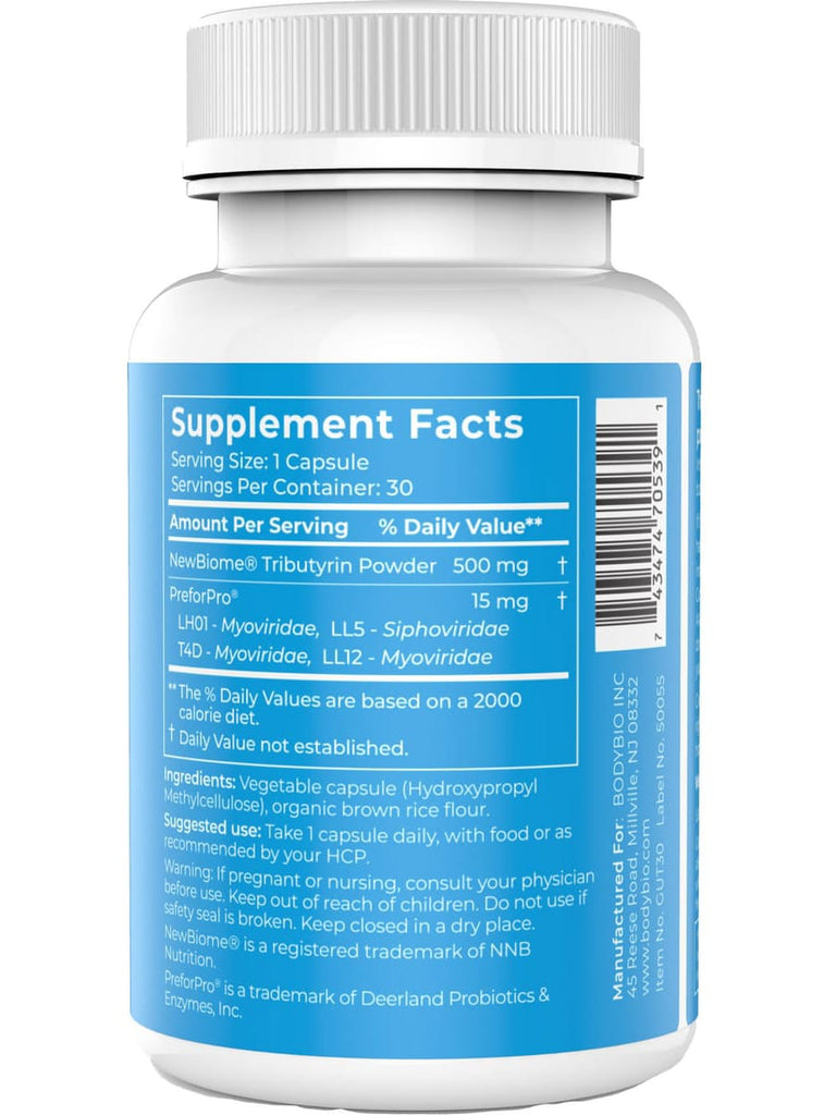 BodyBio Gut + Prebiotic + Postbiotic 30 Capsules