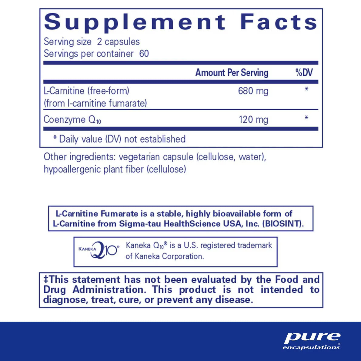 Pure Encapsulations CoQ10 L-Carnitine Fumarate bottle showing supplement packaging and branding