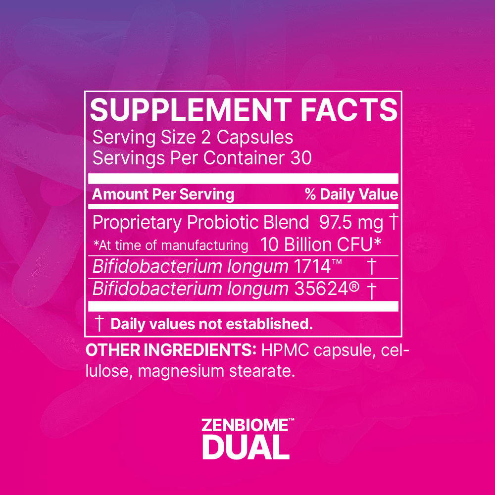 Microbiome Labs Zenbiome Dual bottle showing branding and size