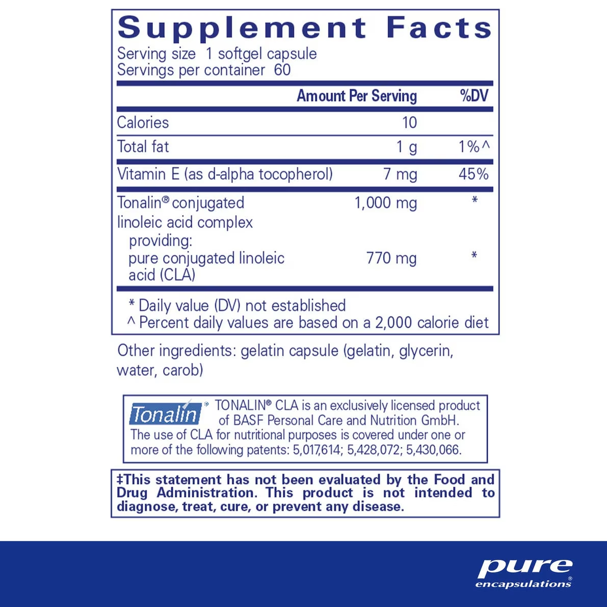 Pure Encapsulations CLA Conjugated Linoleic Acid 1000 mg bottle showing supplement packaging and branding