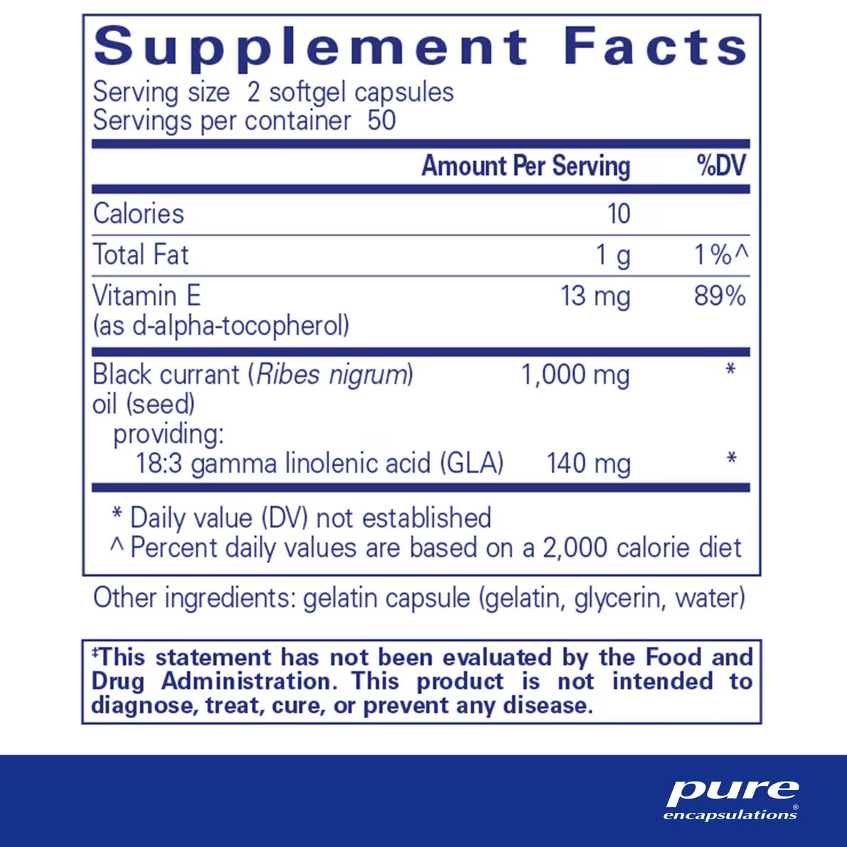 Pure Encapsulations Black Currant Seed Oil bottle showing supplement packaging and branding