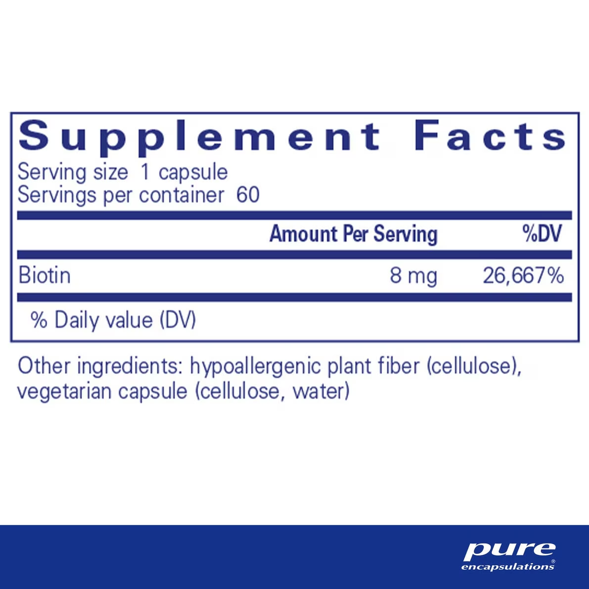 Pure Encapsulations Biotin 8 mg bottle showing supplement packaging and branding