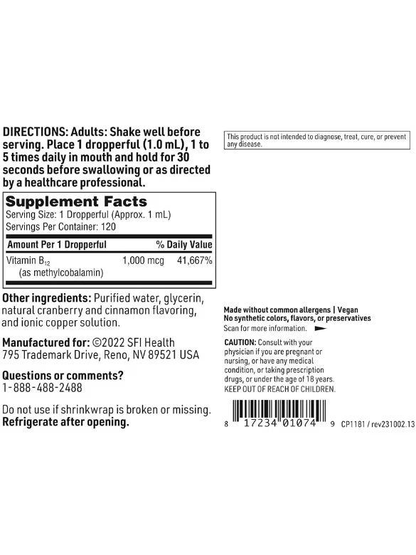 SFI HEALTH Vitamin B12 Liquid (Methylcobalamin) (1 mg)